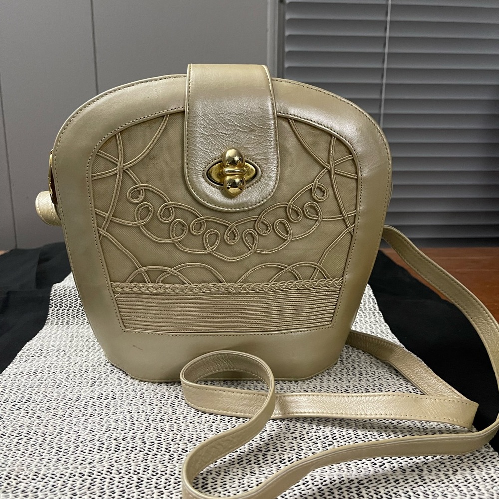 Vintage Stuart Weitzman bucket crossbody bag, embroidered front, looks unused